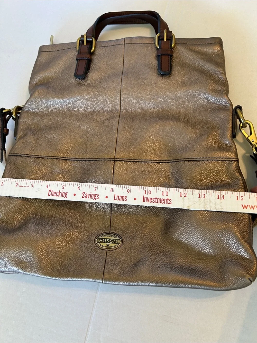 FOSSIL LARGE LEATHER BRONZE FOLDOVER TOTE CROSSBODY HOBO BAG